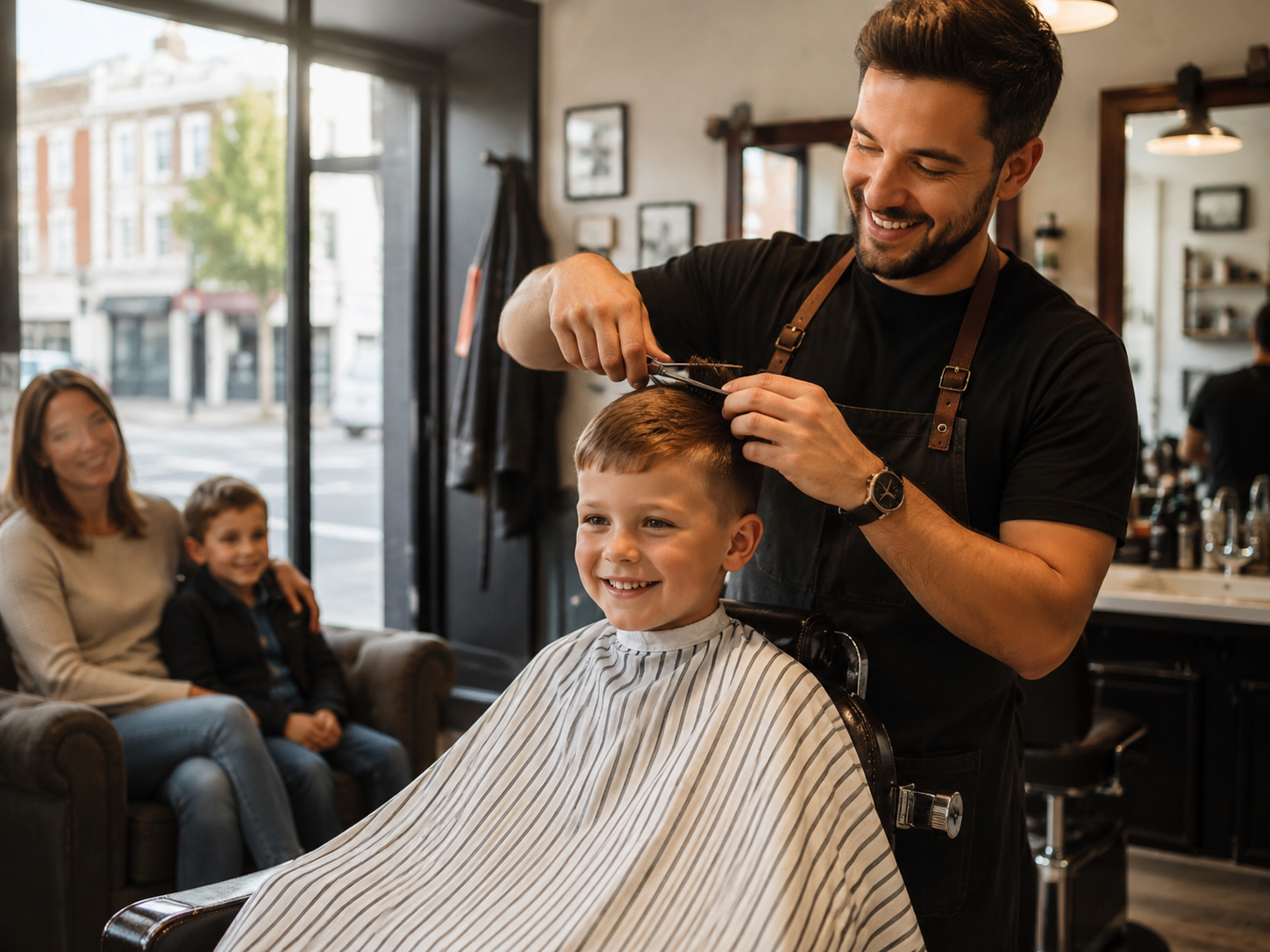 Friendly barber finishing a trim