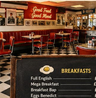 Warm diner interior with booths and tables