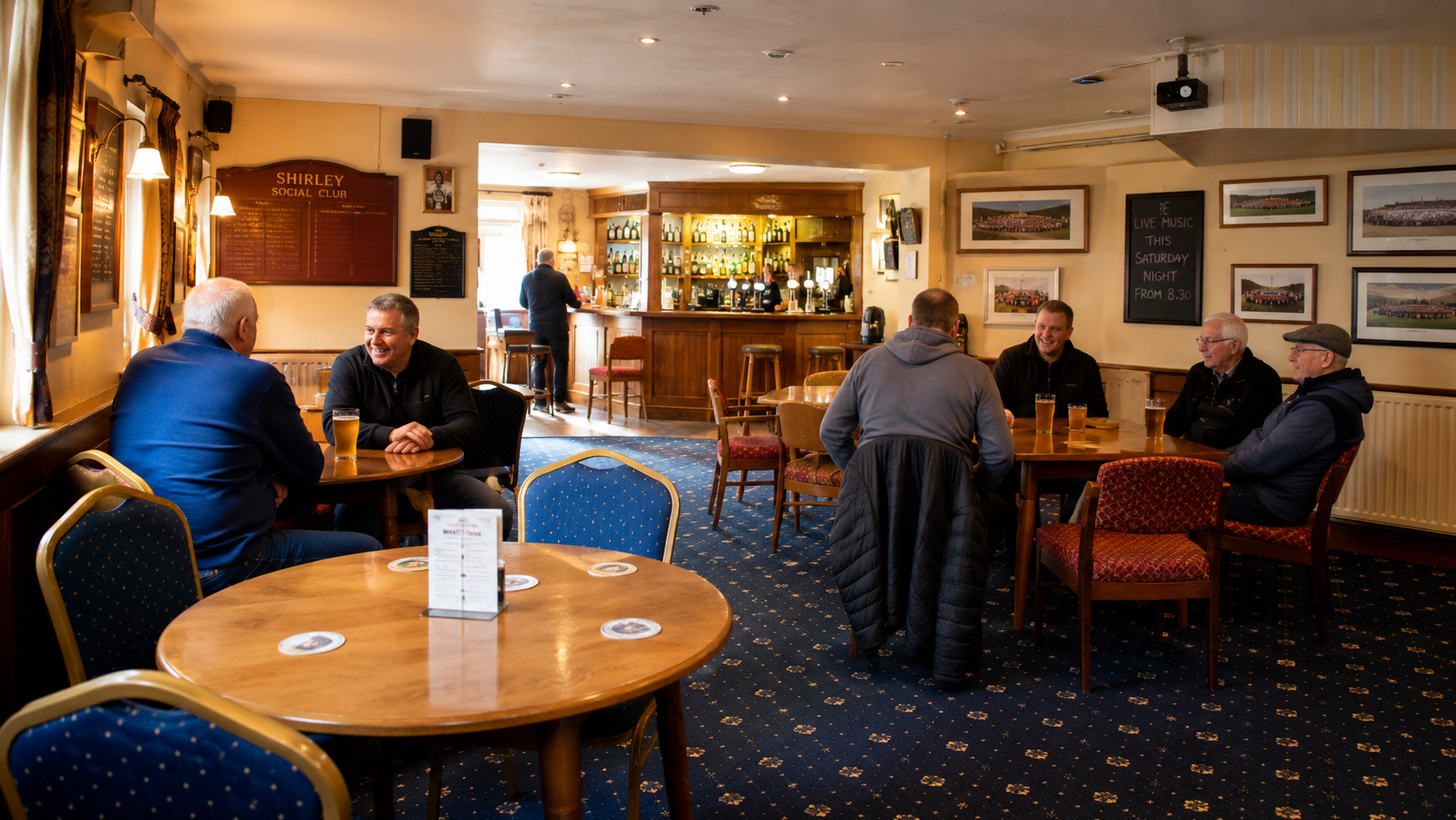 Welcoming social club lounge and seating area